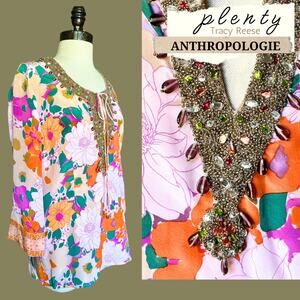 Anthropologie Tracy Reese Silk Floral Blouse Beaded Summer Beach Cruise Resort